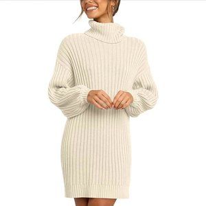 Turtleneck Lantern Sleeve Sweater Dress in Khaki